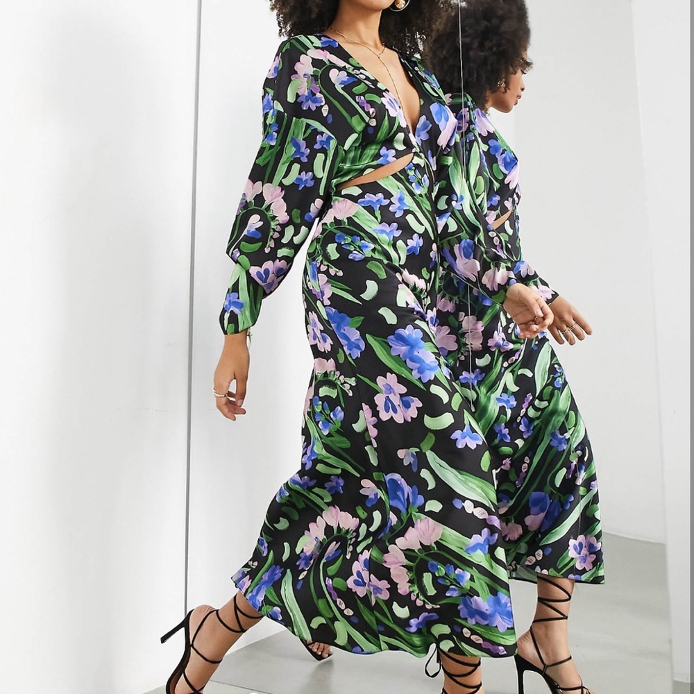 ASOS EDITION Satin Floral V-Neck Dress with - Black, Green, Pink, Purple